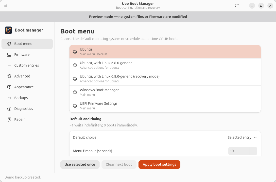 The Uoo Ubuntu desktop showing its boot menu, default operating-system choice, timeout, and one-time boot controls.