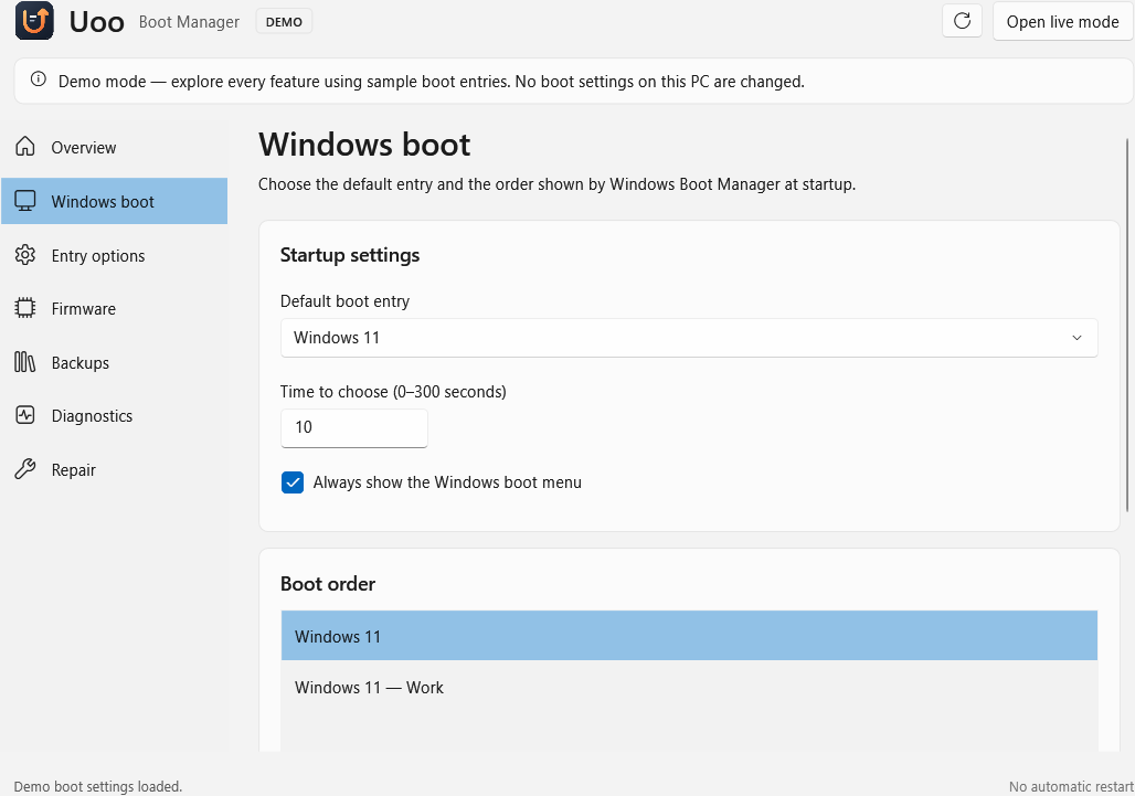 The native Uoo Windows desktop in demo mode, showing default boot entry, menu timeout, boot order, and administrator controls.